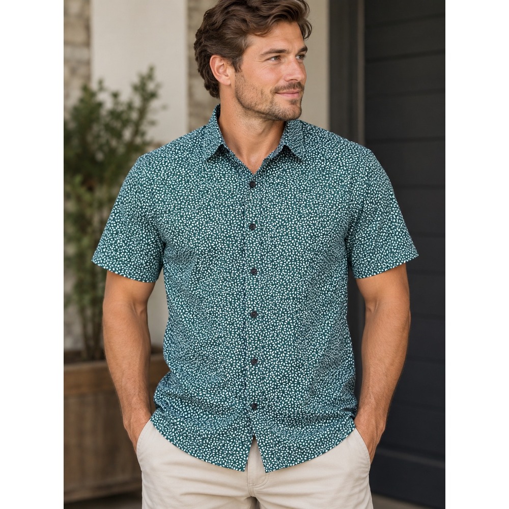 Michael Kors Mens Slim Fit Short Sleeve Button Down Shirt Teal Geometric Print M